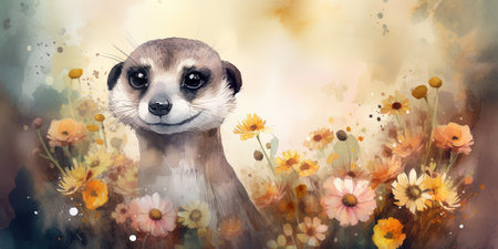 watercolor painting portrait of cute meerkat in colorful flowers , generative AIの素材