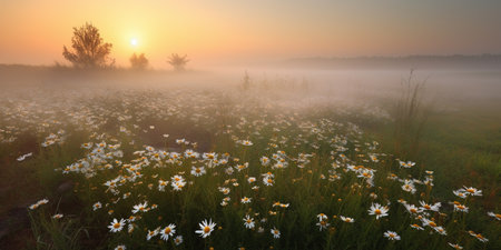 Amazing Morning Landscape Wide Summer Meadow With Flowers At Sunriseの素材