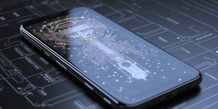 Illustration of modern smartphone with cutting edge technologies of fast internet based on Artificial Intelligenceの素材