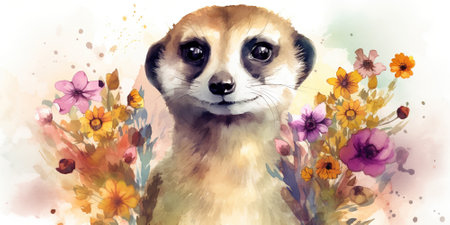 watercolor painting portrait of cute meerkat muzzle in colorful flowers , generative AIの素材