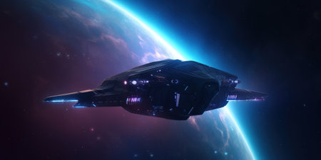 Illustration of a futuristic spaceship orbiting a planetの素材