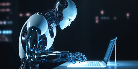Artificial Intelligence being working with laptop. Super high tech Ai computer technology of nearest futureの素材