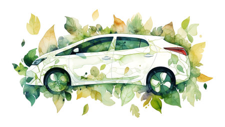 Watercolor illustration of white modern car amidst green foliage. Concept of eco-friendly transportation and sustainable futureの素材