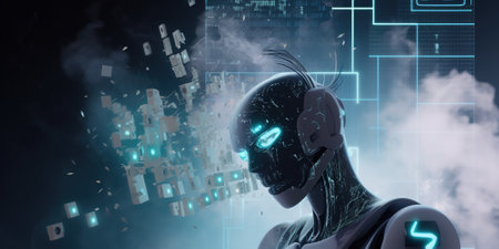 Artificial Intelligence robot on a digital background . Super high tech Ai computer technology of nearest futureの素材