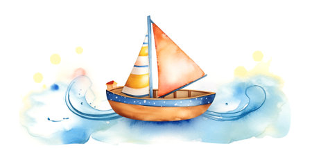 Watercolor illustration of wooden toy boat on watercolor blue waves on white background. Nautical adventure captured in vibrant huesの素材