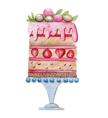 Hand-Drawn Watercolor Illustration Of A Festive Cake For A Birthday, ValentineS Day, Or Another Holidayの写真素材