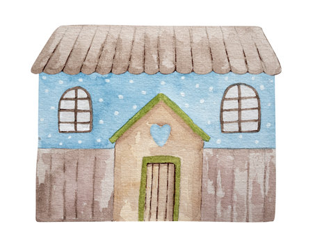 Hand-Drawn Watercolor Illustration Depicts Cute Blue House With Heart Above Entranceの写真素材
