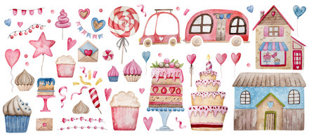 ValentineS Day Clipart Set Includes Gifts, Hearts, Sweets, Etc., Hand-Drawn Watercolor Illustrationの写真素材