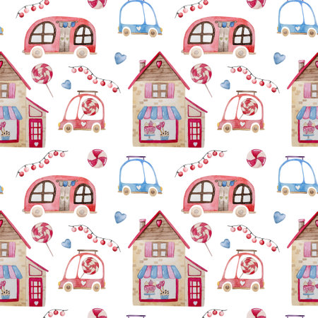 Hand-Drawn Watercolor Illustration Features A Seamless Pattern For ValentineS Day With Cars, Hearts, And Cupcakes For February 14Thの写真素材