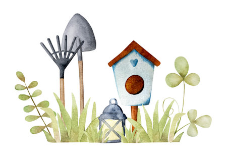 Cute bird house with garden shovel and chopper in green grass watercolor painting. Beautiful aquarelle spring drawing with birdhouse and harvest toolsの写真素材