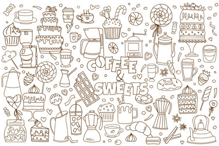 Doodles On The Theme Of Cafe - Coffee And Sweets, Are Stress-Relief Coloring Page Illustrations Featuring Vector Images Of Coffee, Cakes, And Sweetsのイラスト素材