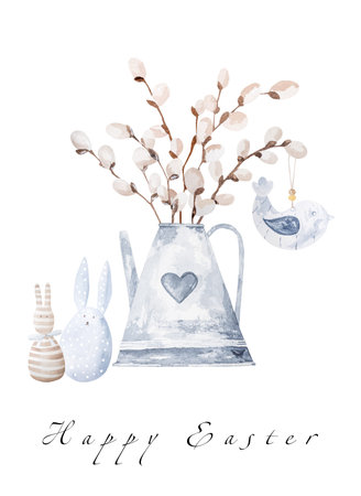 Easter willow in watering can and holiday bunny, eggs watercolor painting with text. Spring religion celebration symol for postcard designの写真素材