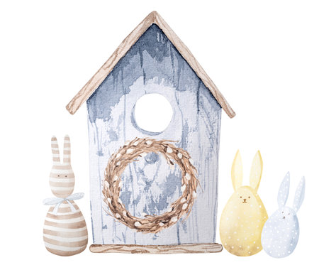 Easter watercolor art with rabbit, eggs and bird house with bunny ears decoration. Cute spring religion holidays postcardの写真素材