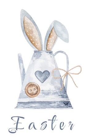 Easter postcard with watering can, bunny eard and text watercolor art. Cute aquarelle spring holiday paintingの写真素材