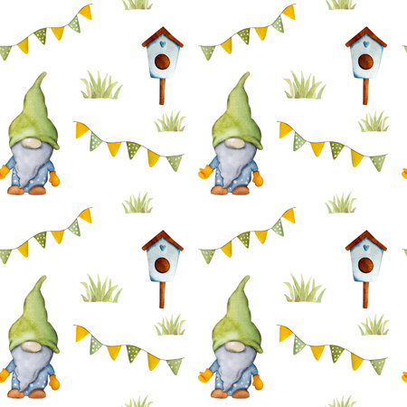 Garden dwarf with bird house in green grass watercolor cartoon painting seamless pattern. Cute gnome aquarelle drawingの写真素材