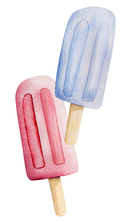 Hand-Drawn Image Of A Summer-Themed Watercolor Illustration Featuring Blue And Pink Ice Cream Clipart On A White Backgroundの写真素材