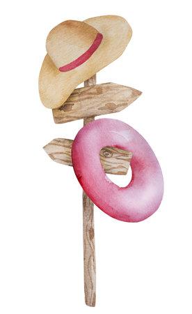 Watercolor Illustration Of A Summer-Themed Featuring A Wooden Signpost With A Hanging Hat And Swimming Ring Clipart On A White Backgroundの写真素材