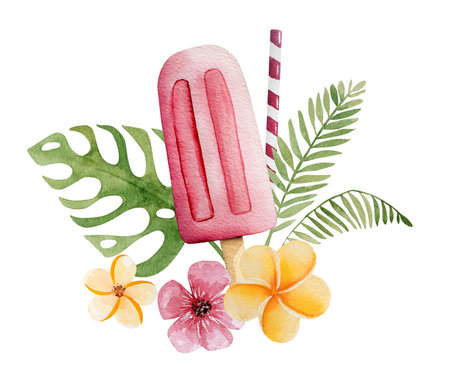 Hand-Drawn Illustration Of Pink Ice Cream On A Stick With Tropical Flowers And Leaves, A Summer-Themed Watercolor Clipart On A White Backgroundの写真素材