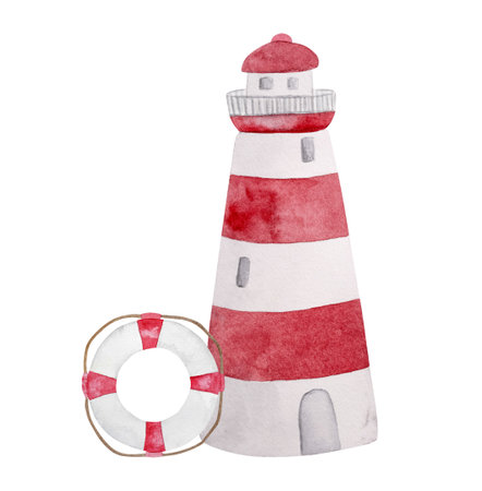 Hand-Painted Watercolor Of A Lighthouse And Lifebuoy Makes For Perfect Summer Clipartの写真素材