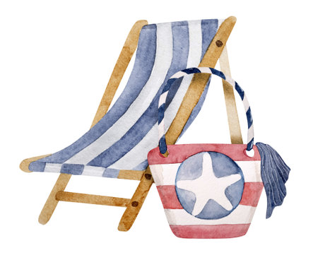 Hand-Drawn Watercolor Illustration Features Beach Bag And Beach Lounge Chair Summer Clipartの写真素材