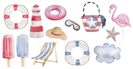 Hand-Painted Watercolor Set Of Images Includes Lifebuoy, Hat, Ice Cream, Flamingo, Lighthouse, And Other Summer Clipartの写真素材