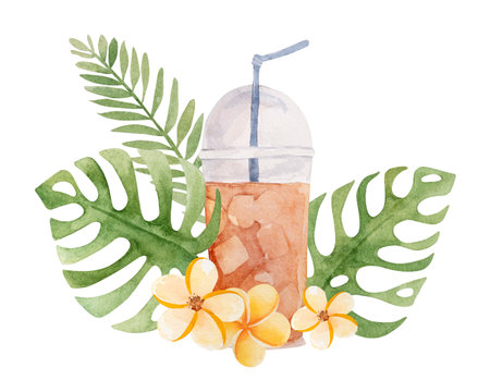 Hand-Painted Watercolor Of A Summer Cocktail With Ice And Tropical Leaves Is A Perfect Summer Clipartの写真素材