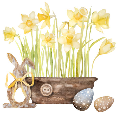 Watercolor Illustration Features Yellow Daffodils In A Pot, Easter Eggs And A Wooden Easter Bunny Decorのイラスト素材