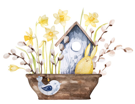 Handmade Watercolor Birdhouse And Potted Daffodils Make Perfect Easter Decorのイラスト素材