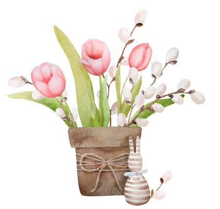 Handmade Watercolor Illustration Features Red Tulips In A Pot With Willow And A Rabbit, Perfect For Easter Decorの写真素材
