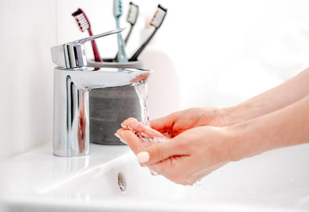 Female Hands Under A Faucet Fill Water Into Palms For Morning Hygieneの写真素材