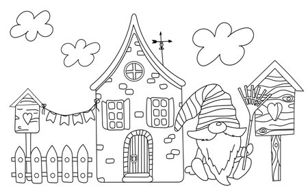 Coloring Page For Kids Features A Gnome Near His House With A Birdhouse And Rake, Perfect For Creative Coloring Bookのイラスト素材