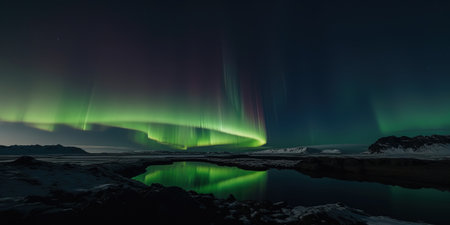 panoramic view of Aurora green Northern Lights in the night sky near the Arctic Circle, generative AIの素材
