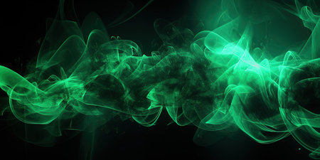 Vivid green smoke spreads on a black background, creating an abstract foggy vista , generative AIの素材