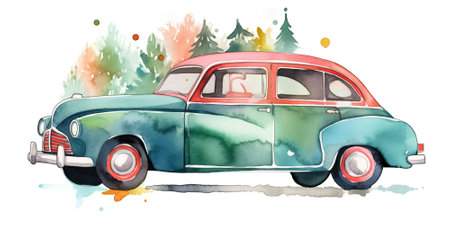 Watercolor illustration of vintage car with a gift on the roof and Christmas trees in the background on a white backgroundの素材