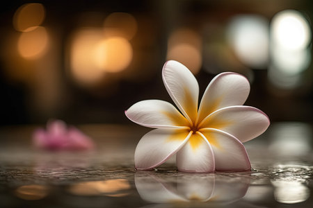 Close-up view a white flower on water with blurred backgroundの素材