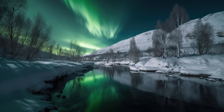 amazing night panoramic view on the lake in the mountains with a green Northern Lights in a night sky, generative AIの素材