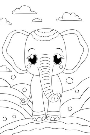 Elephant Coloring Book Page For Preschool Children Features Animalsのイラスト素材