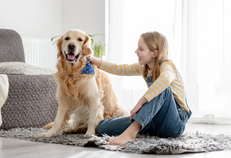 Girl With Golden Retriever Sits On Floor In Room Playing With Dogの写真素材