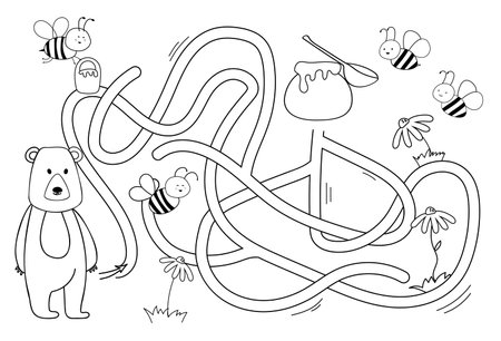 Vector maze isolated on white background. Help the bear find a pot of honey. Education logic game labyrinth for kids. With the solution.のイラスト素材