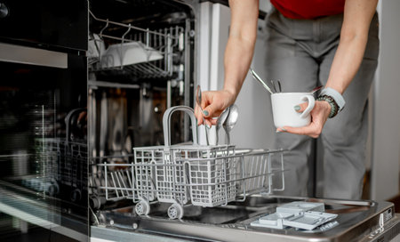 Young Woman Is Loading Spoons Into Dishwasher In Close-Up Viewの写真素材