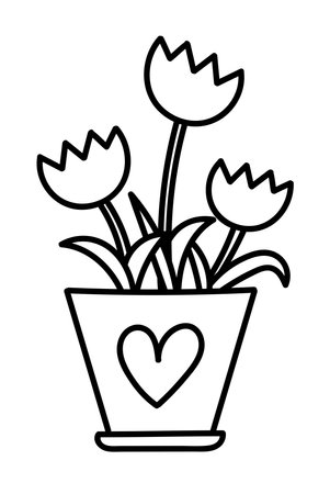 Coloring With Thick Lines For The Smallest Ones, Flowers In A Pot Coloring Pageのイラスト素材