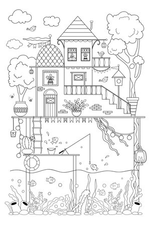 Anti-Stress Coloring Page Featuring A Cute House By The River For Both Children And Adults, Filled With Numerous Detailsのイラスト素材