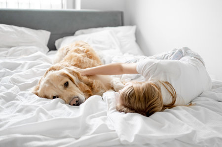 Girl Plays With Golden Retriever In Bed In The Morning In A Bright Roomの写真素材