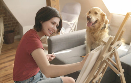 Pretty girl artist drawing sketch with golden retriever dog using pencil and canvas. Beautiful young woman painting portrait of cute doggy petの写真素材