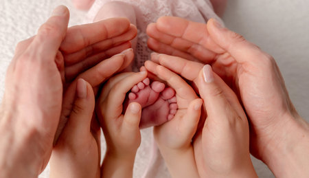 Mom, Dad, And Older SisterS Hands Hold NewbornS Feet In An Artistic Photo
