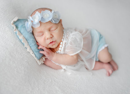 Newborn Girl In Lace Dress Sleeps In White And Blue Tones Photoの写真素材