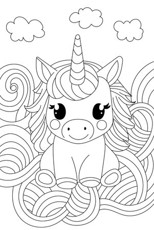 Unicorn In Clouds Coloring Page Is Perfect For ChildrenS Creativityのイラスト素材