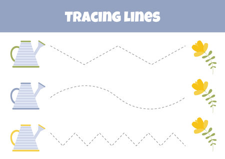Outline The Line From The Watering Can To The Flower Is A Worksheet For Tracing Lines For Preschoolers Aged 4-6 Yearsのイラスト素材
