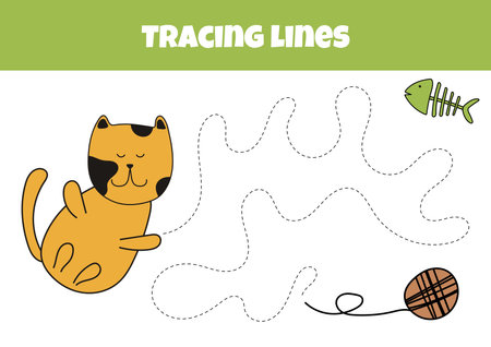 Outline The Line From The Cat To The Ball: A Worksheet For Tracing Lines For Preschoolers Aged 4-6 Yearsのイラスト素材