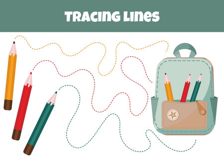 Outline The Line From Pencils To Backpack, A Worksheet For Tracing Lines For Preschoolers Aged 4-6 Yearsのイラスト素材